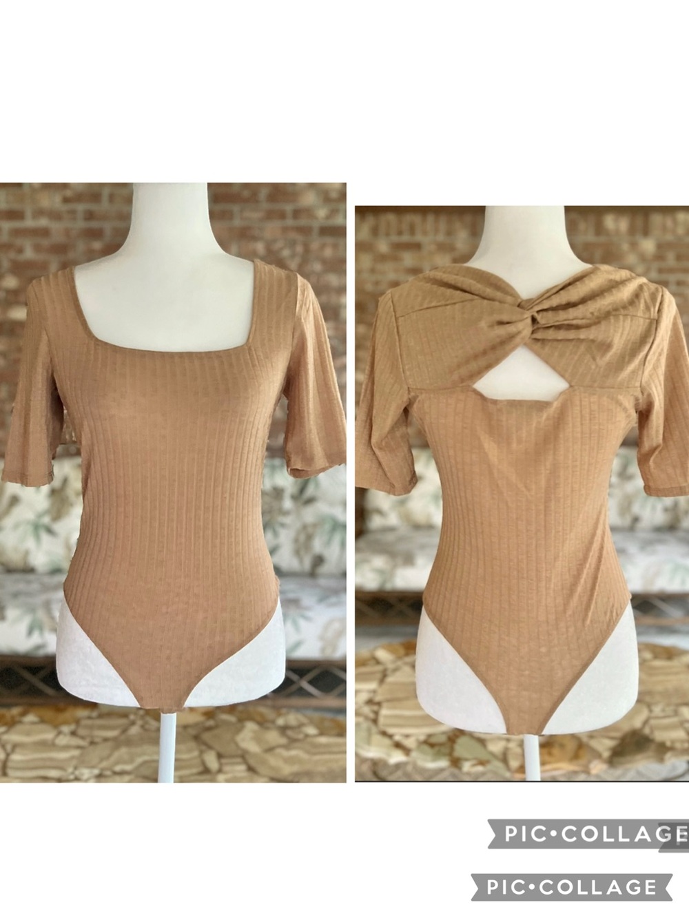 June & Hudson Tan Twist Back Short Sleeve Ribbed Knit Bodysuit